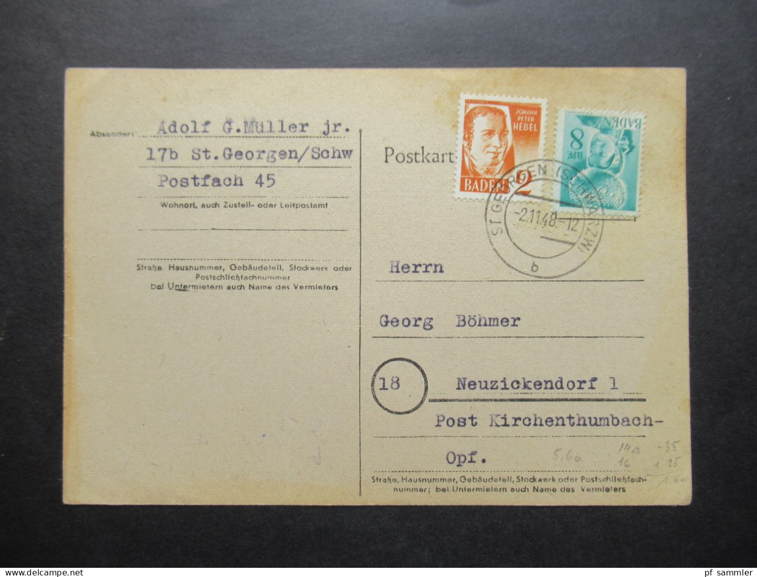 Französische Zone Baden MiF Nr.16 Und 28 Mit Tagesstempel St. Georgen (Schwarzwald) 2.11.1948 Nach Neuzickendorf - Bade