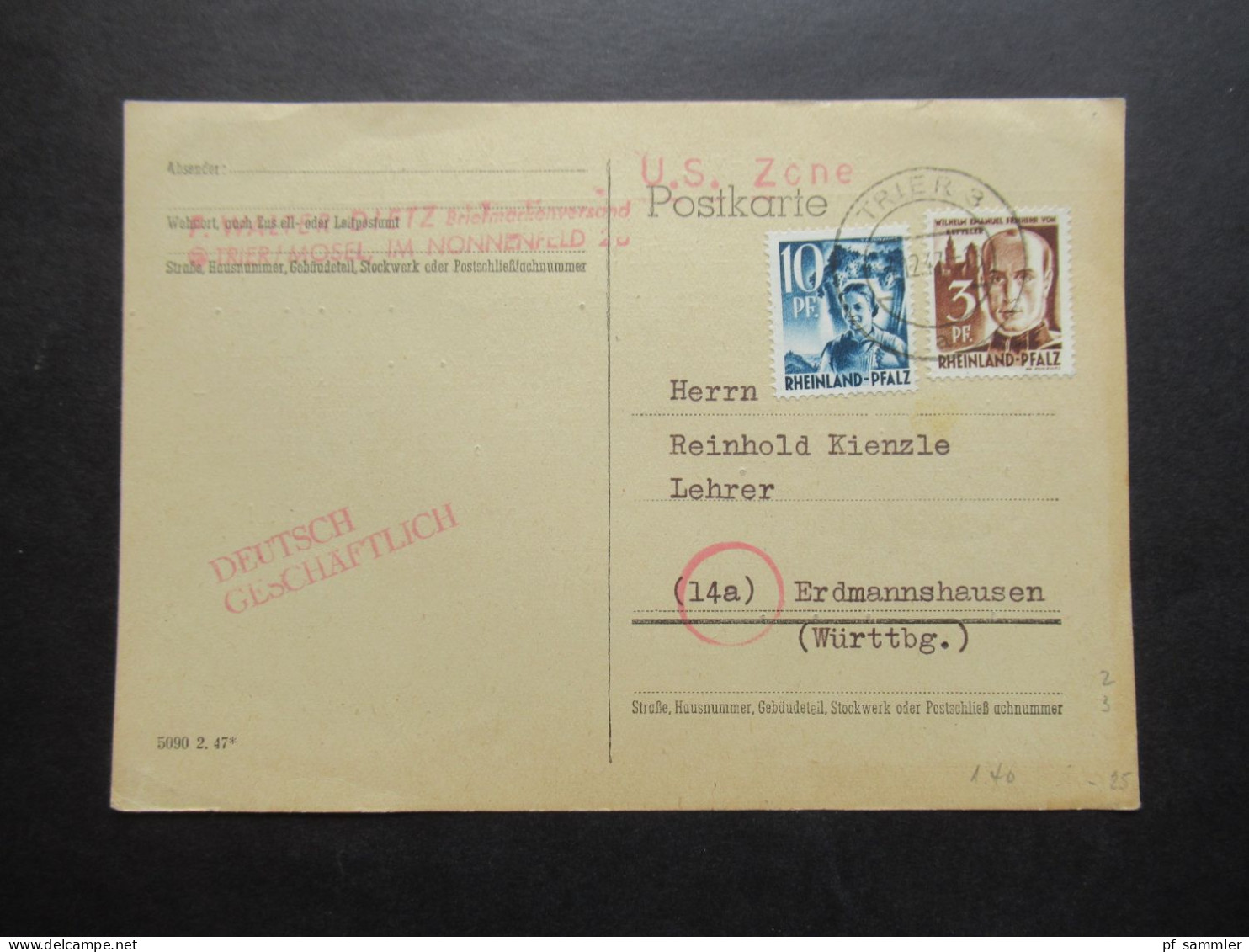 Französische Zone Rheinland Pfalz MiF Nr.2 U. 3 Mit Tagesstempel Trier 3 Abs. Stempel Briefmarkenversand F. Walter Dietz - Rijnland-Palts