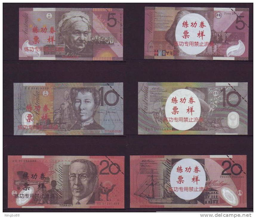China BOC Bank (bank Of China) Training/test Banknote,AUSTRALIA Dollars D Series 5 Different Note Specimen Overprint - Specimen