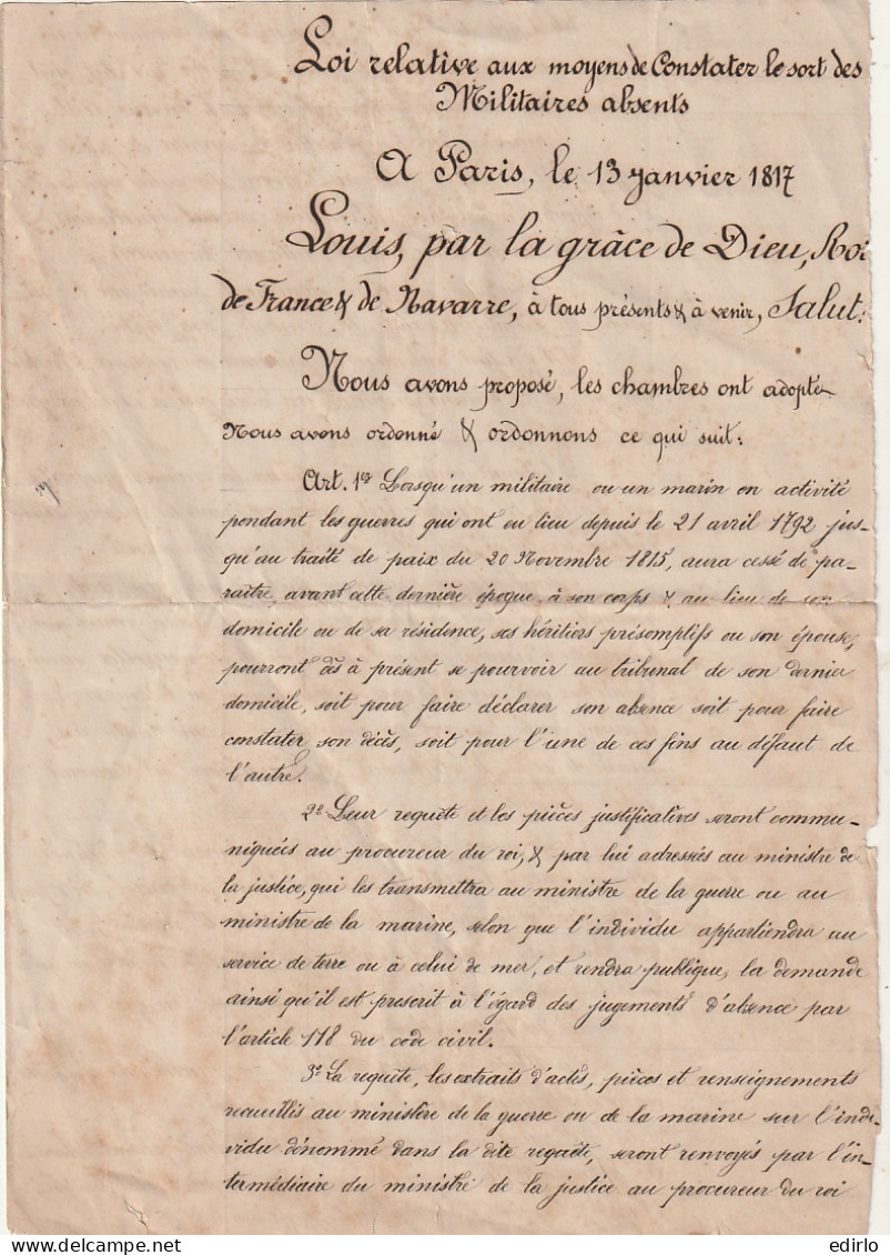  ///  FRANCE  /// 1817 Loi Relative Aux Militaires Absents Decret De Remise En Viguer En 1871 - Documents