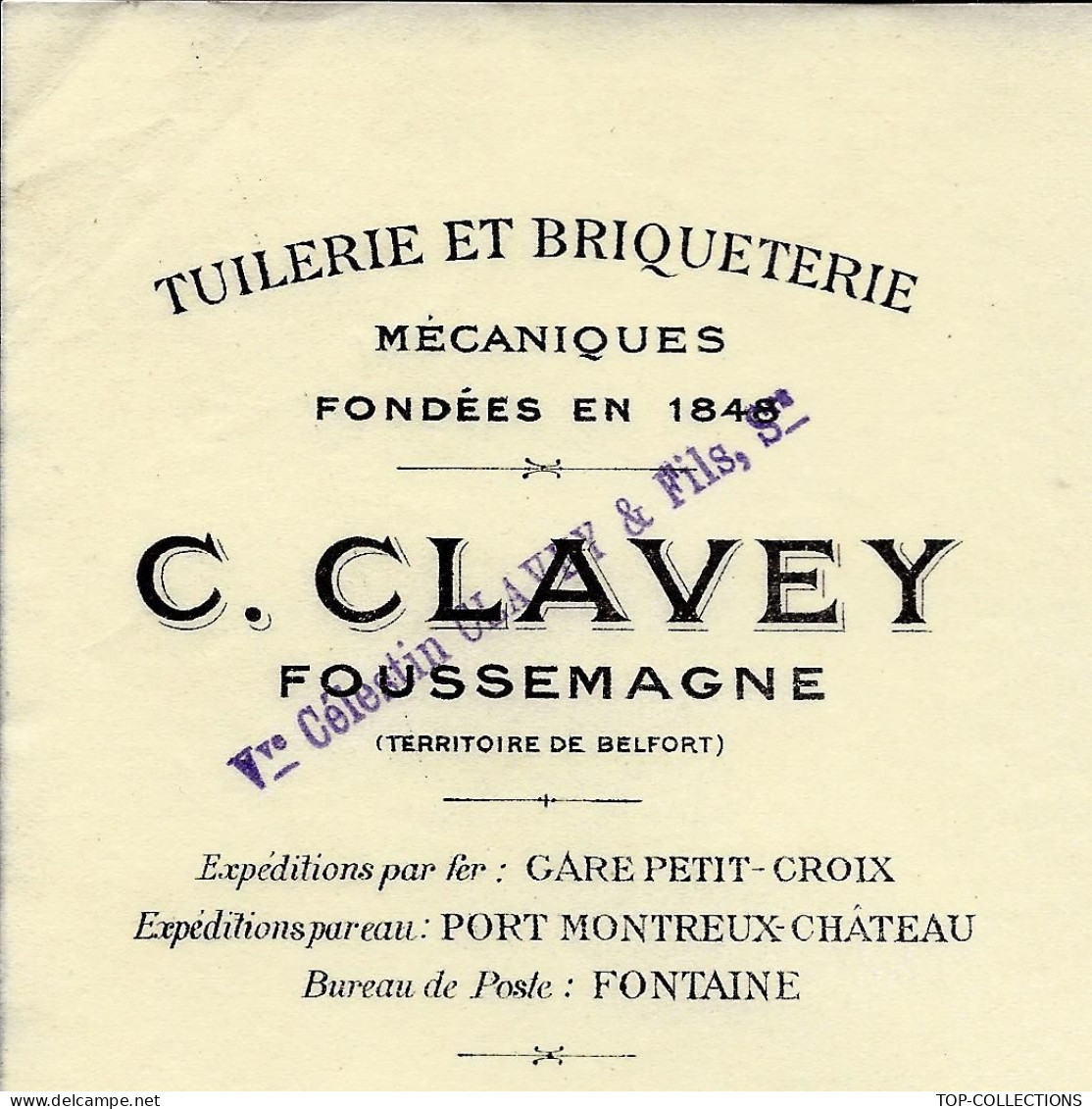 1910 ENTETE C.CLAVEY TUILERIE BRIQUETERIE à Foussemagne =>Vairet Baudot Briqueterie Devenue Musée Ciry Le Noble V.HIST. - 1900 – 1949