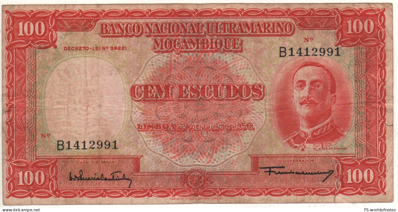 MOZAMBIQUE  100 Escudos  P107   Dated 24.7.1958   (  Aires De Ornelas + Entrance To Fort São Sebastião St  Back ) - Mozambico