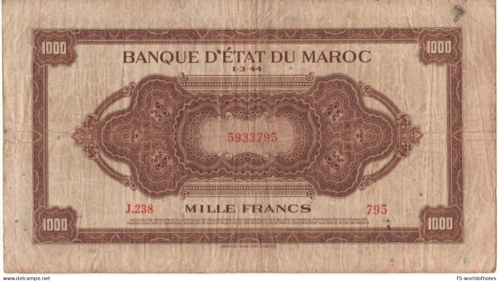 MOROCCO  1'000 Francs  P28   Dated 1.3.1944   ( Printed By American Bank Note Company, New York) - Marocco