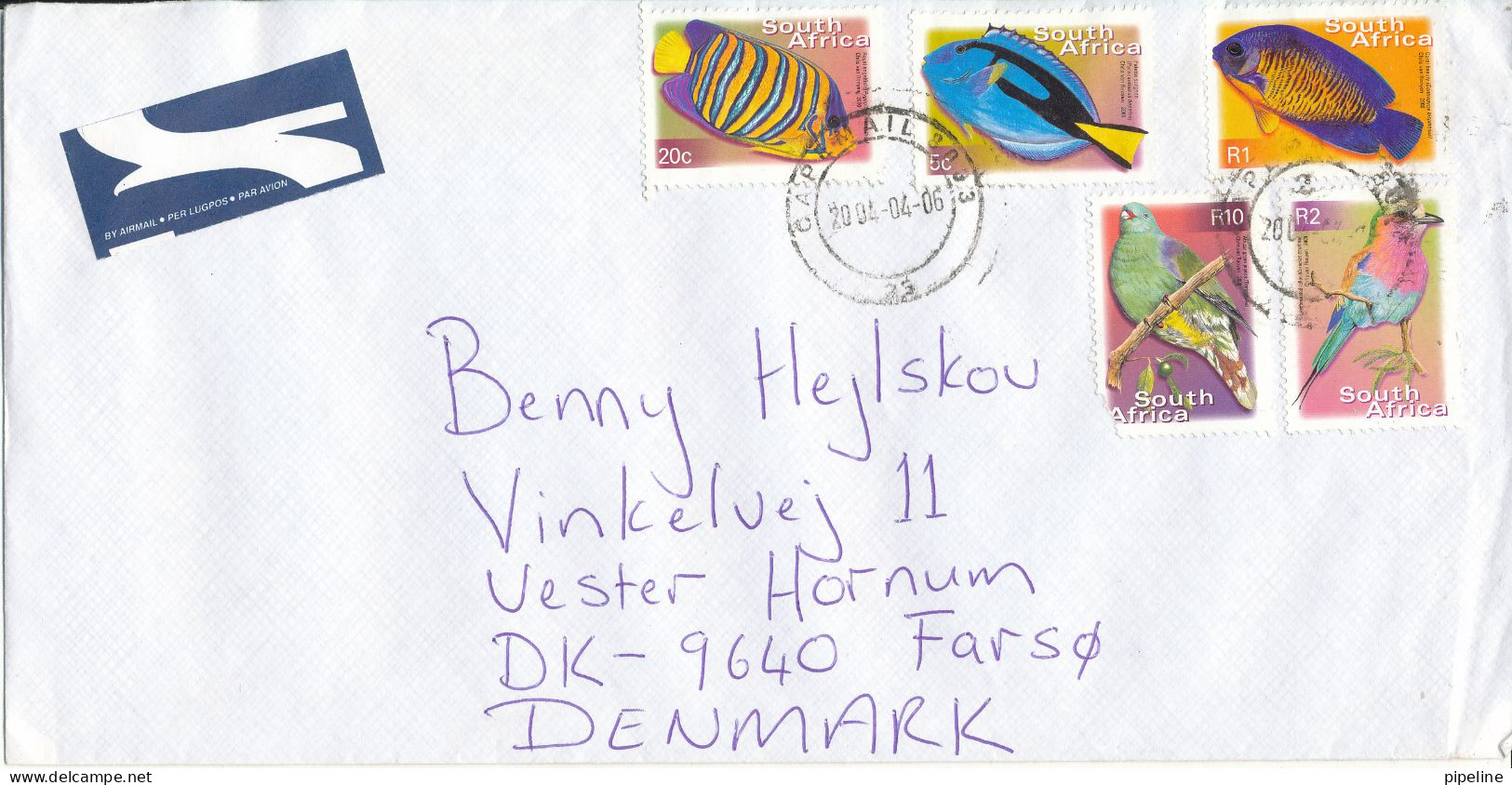 South Africa Cover Sent Air Mail To Denmark 20-4-2004 Topic Stamps BIRDS & FISH (1 Fish Stamp Is Damaged) - Cartas & Documentos