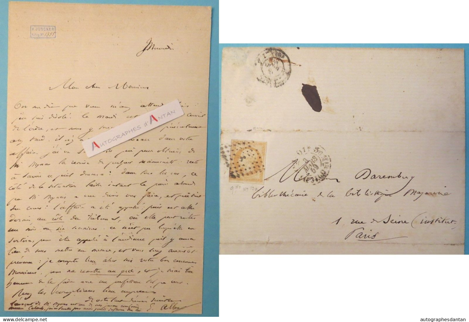 ● L.A.S 1859 Edouard ALLOU Avocat Sénateur Né Limoges Timbre Napoléon III 13a Cachet Postal Bibliothèque Mazarine Lettre - Politiques & Militaires