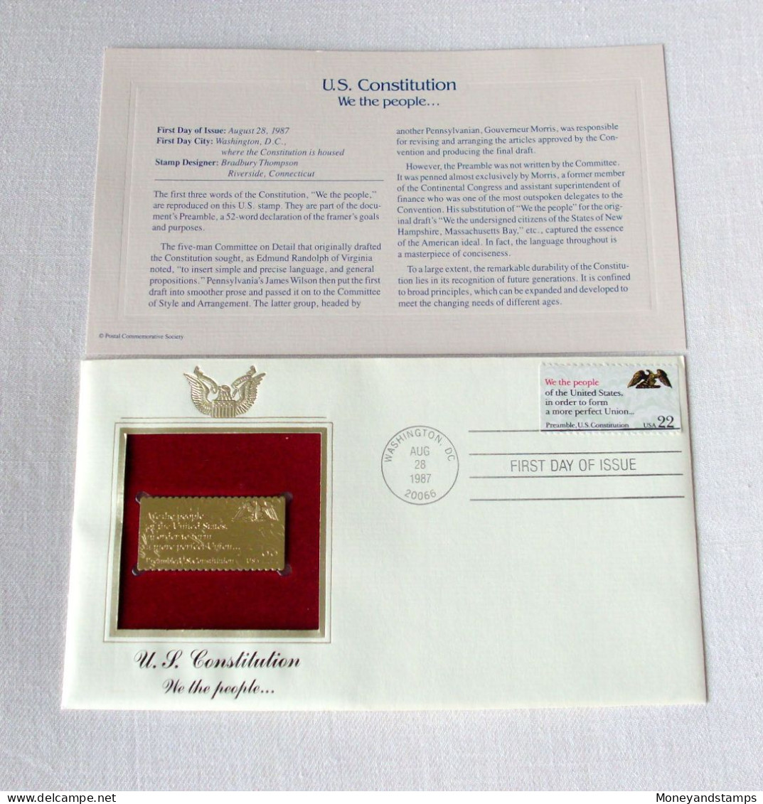 USA 1987 - FDC Washinton Aug.28t 1987 - 22ct Goldplated Comm. Stamp - US Constitution - 1981-1990