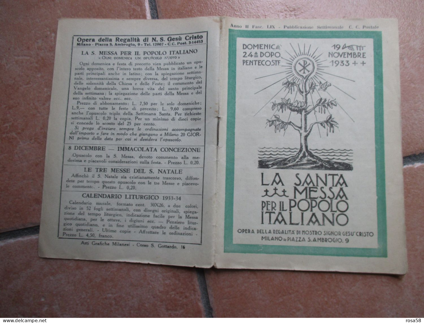 RELIGIONE 19 Novembre 1933  La Santa Messa Per  Popolo Italiano Pubblicaz.settimanale Sac.G.GALIMBERTI Responsabile - Religione