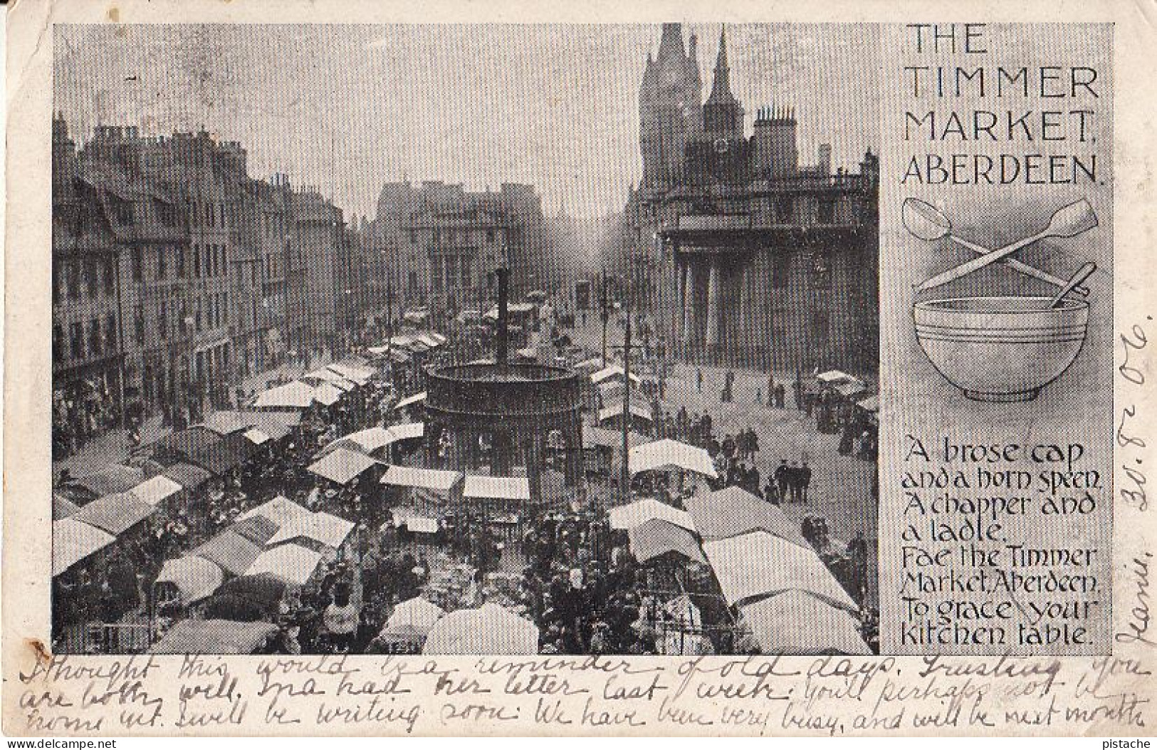 3773 – Vintage B&W 1906 PC – Aberdeen Scotland – Timmer Market – Crowd Animation – Stamp Postmark – Good Condition - Aberdeenshire