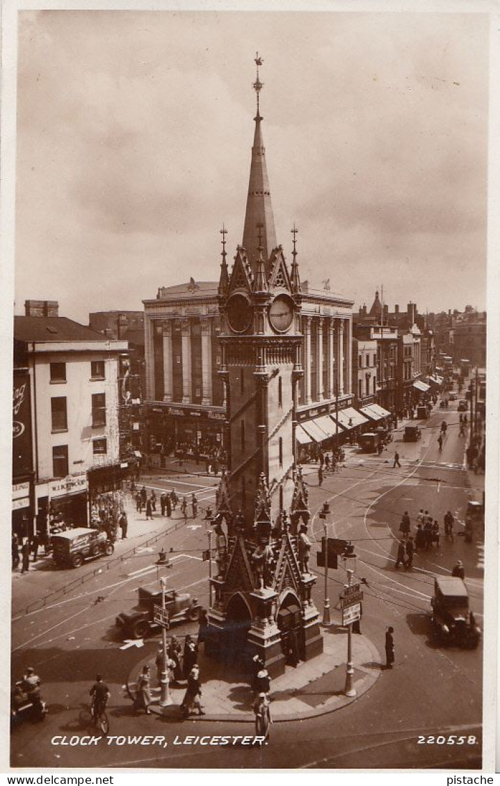 3774 – Vintage B&W RPPC 1939 Photo – Leicester England – Clock Tower – Cars Animation – Stamp Postmark – VG Condition - Leicester