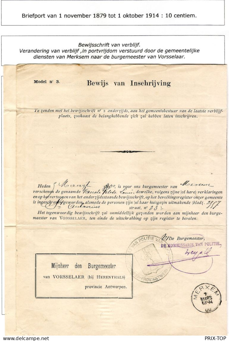 Bewijs Van Inschrijving Model N°3 De Vorsselaer C.Communal > Merxem C. 1/3/1900 - Portofreiheit