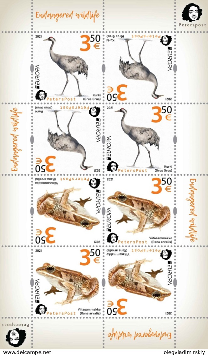 Finland 2021 Europa Endangered Wildlife Minisheet Of Peterspost Issue Crane And Frog 3.50 EUR Each In Tet-beshes - Blocs-feuillets