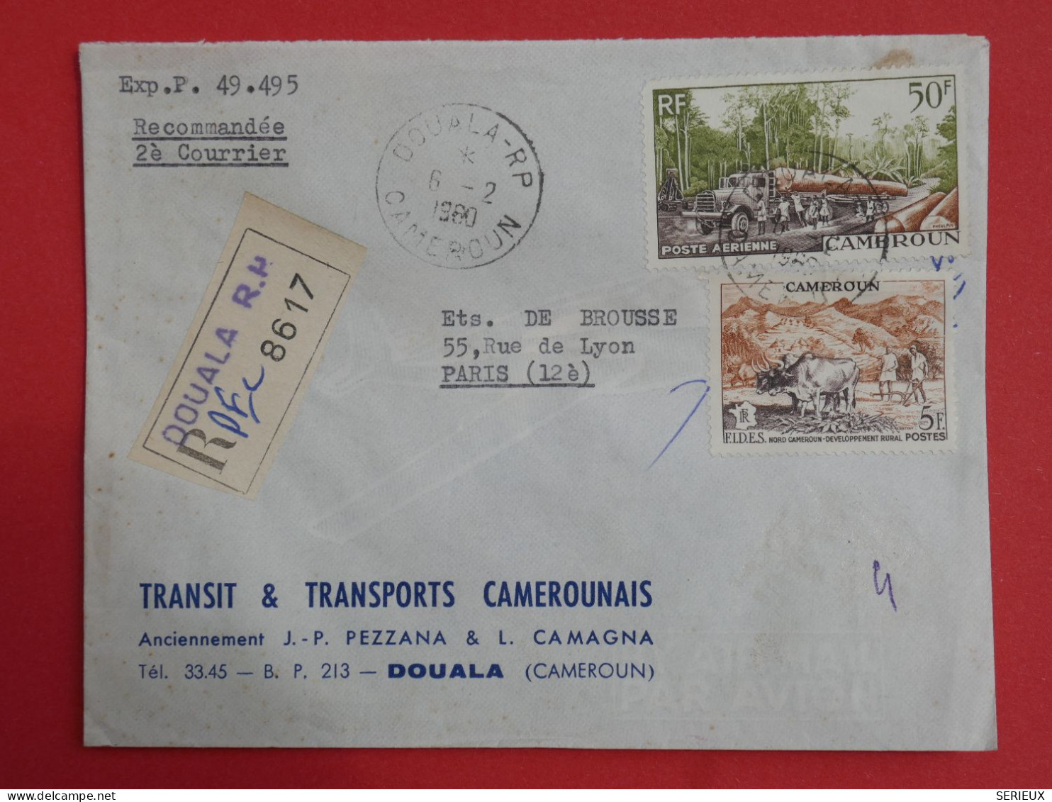 BV1 CAMEROUN BELLE LETTRE TRANSP0RT C.  REC. 1960 DOUALA  A PARIS FRANCE ++++   PA 50F + +AFF. PLAISANT+ - Lettres & Documents