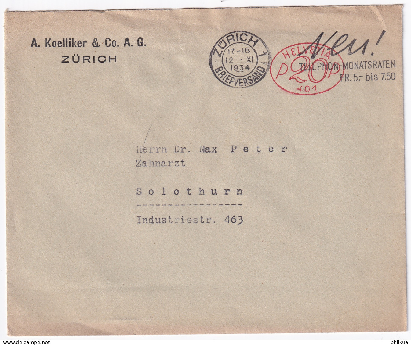 Freistempel  Auf Firmenbrief A. KOELLIKER & Co. AG ZÜRICH - Postage Meters