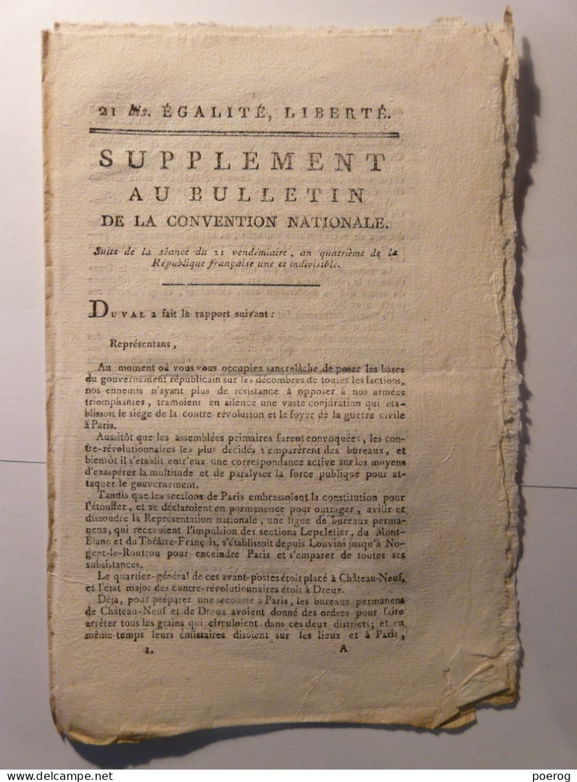 SUPPLEMENT AU BULLETIN CONVENTION NATIONALE De 1795 - RAPPORT DUVAL ETOUFFEMENT CONTRE REVOLUTION - Gesetze & Erlasse