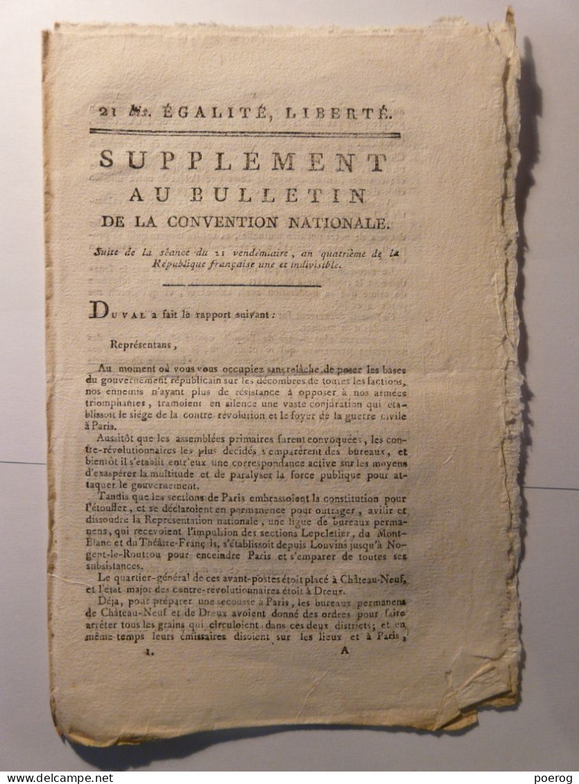 SUPPLEMENT AU BULLETIN CONVENTION NATIONALE De 1795 - RAPPORT DUVAL ETOUFFEMENT CONTRE REVOLUTION - Décrets & Lois