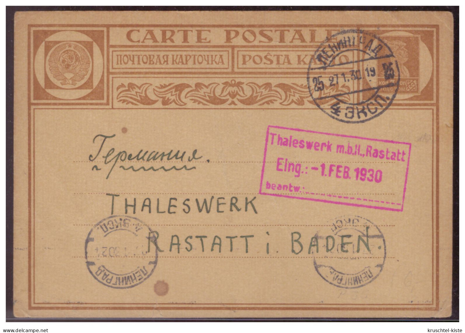 UdSSR (006881) Ganzsache  Postkarte über Die Bestellung Eines Kataloges Von Leningrad Nach Rastatt Am 27.1.1930 - ...-1949