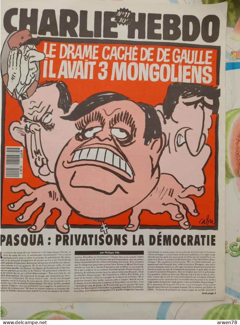 CHARLIE HEBDO 1992 N° 11 DE GAULLE PASQUA SEGUIN DE VILLIERS - Humour