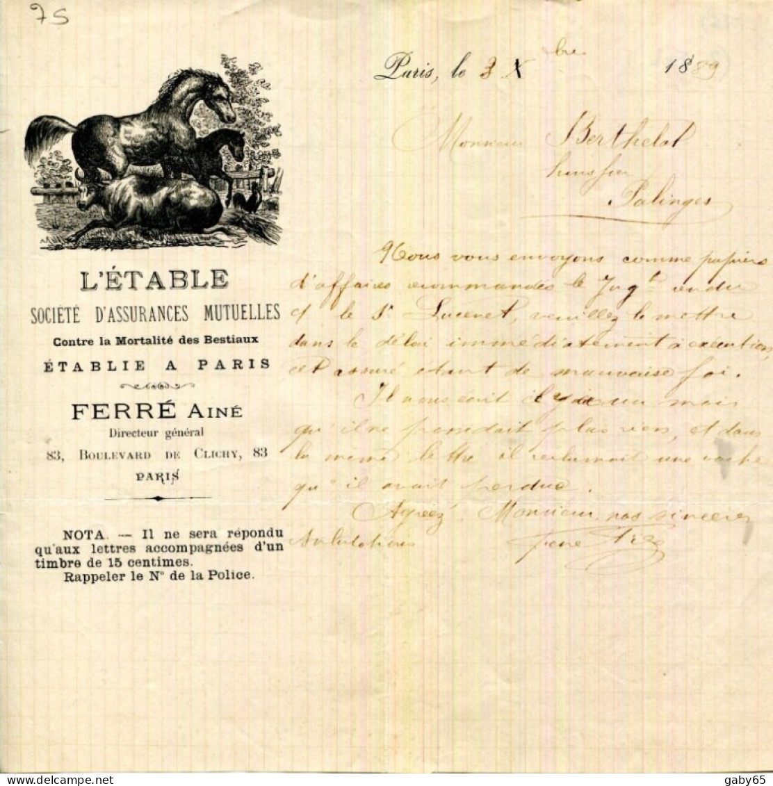 FACTURE.PARIS.SOCIETE D'ASSURANCES MUTUELLES CONTRE LA MORTALITE DES BESTIAUX "L'ETABLE " 83 BOULEVARD DE CLICHY. - Banque & Assurance