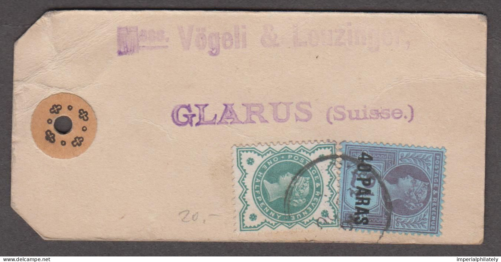 British Levant 1901 Parcel Tag From Smyrna To Switzerland - Brits-Levant