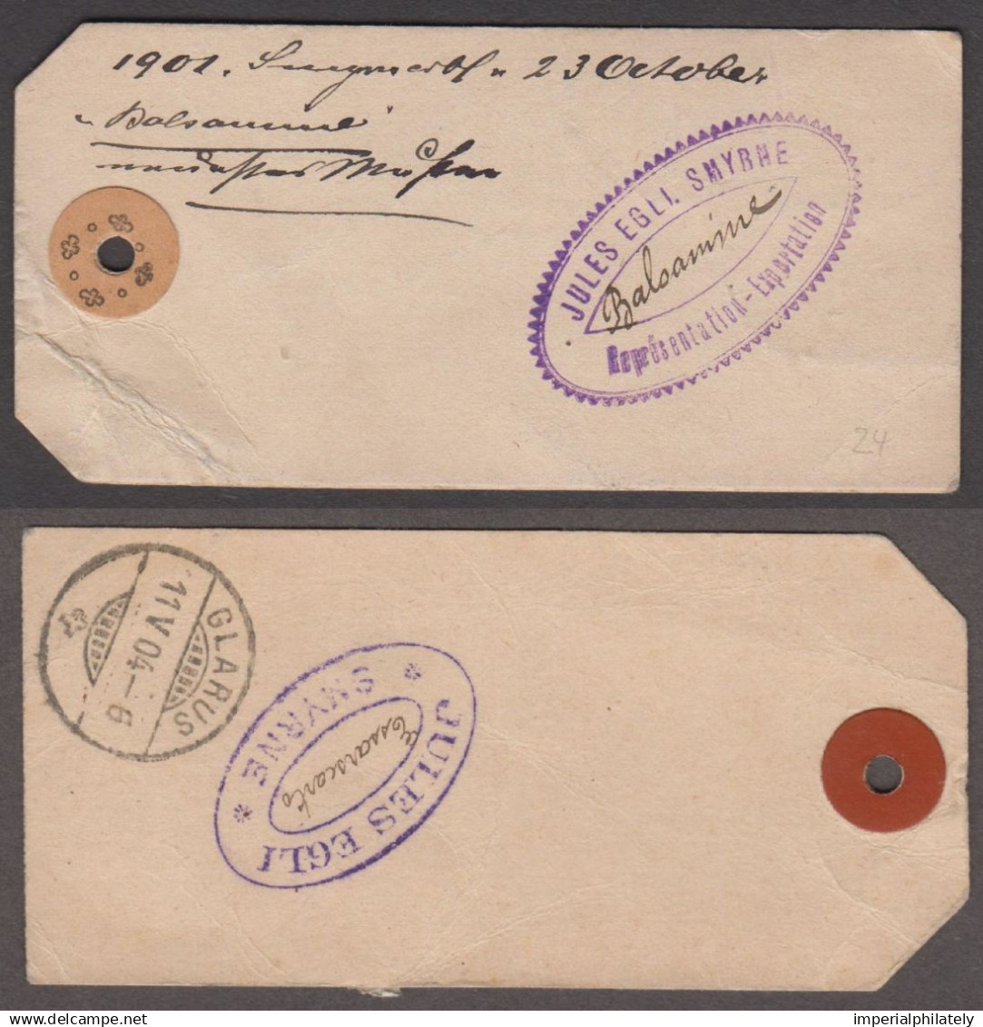 British Levant 1901 Parcel Tag From Smyrna To Switzerland - Levant Britannique