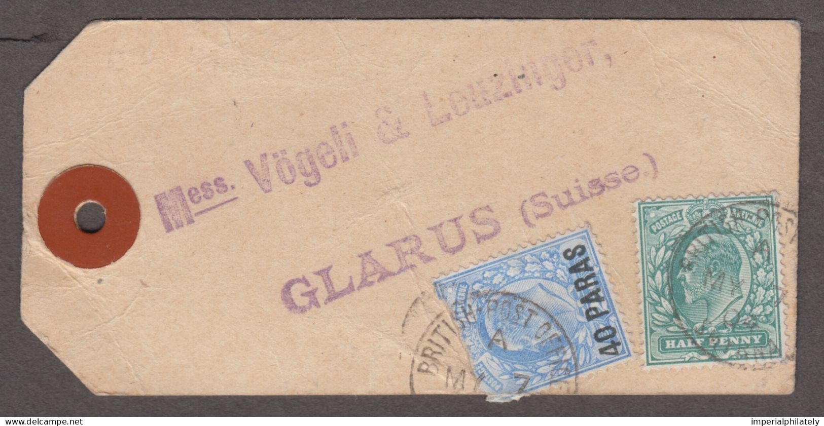 British Levant 1904 Parcel Tag From Smyrna To Switzerland - Britisch-Levant