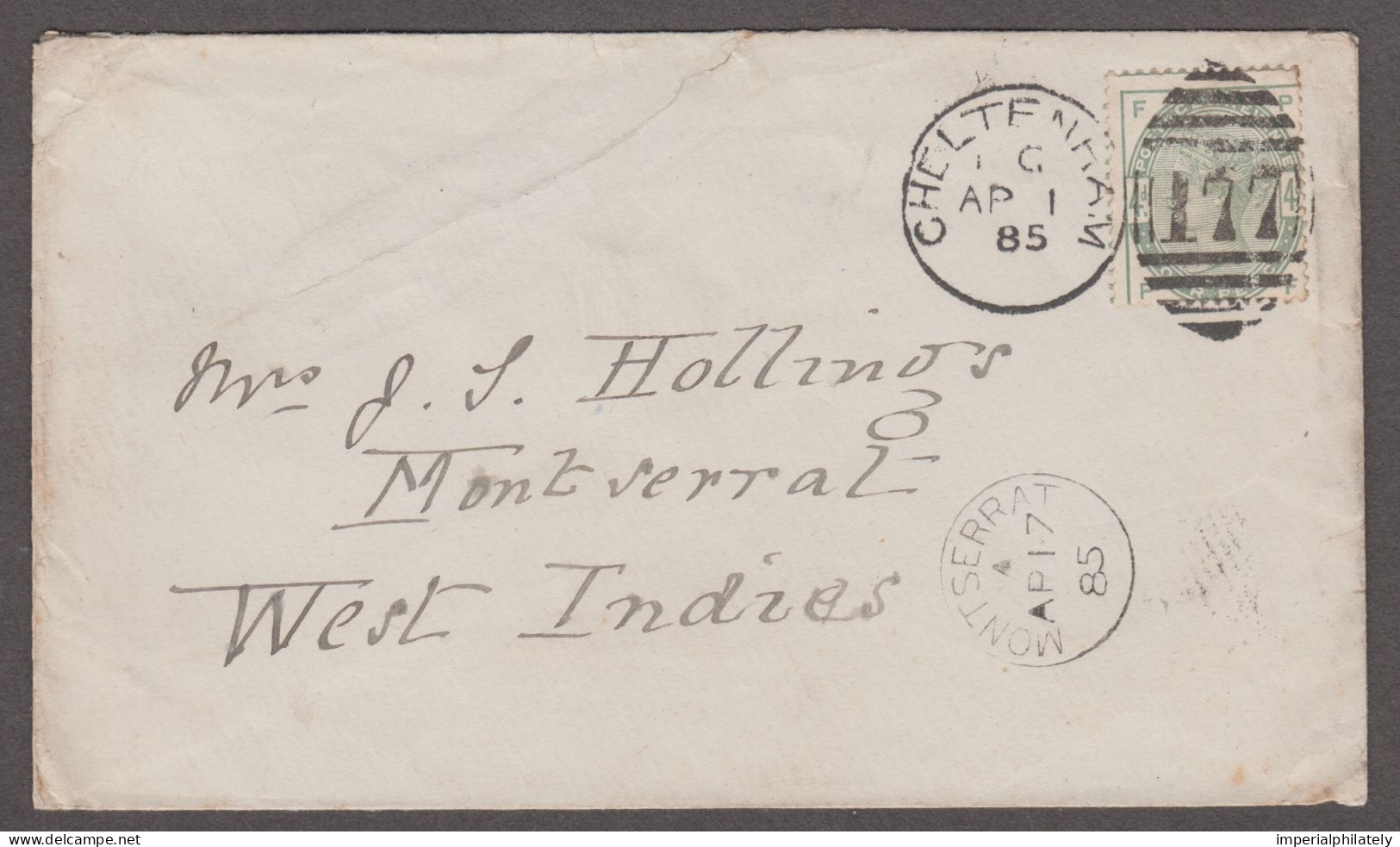 1885 (Apr 1) Envelope To MONTSERRAT With 1883-84 4d Green Tied By Cheltenham Duplex, Rare Destination - Covers & Documents