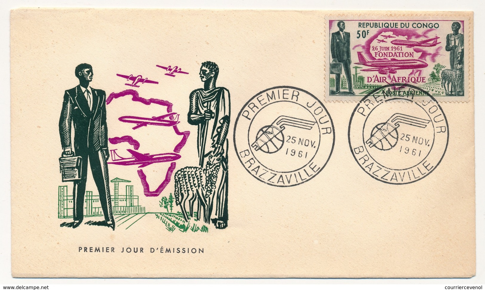 CONGO => FDC - Fondation D'Air Afrique - 25 Novembre 1961 - Brazzaville - FDC