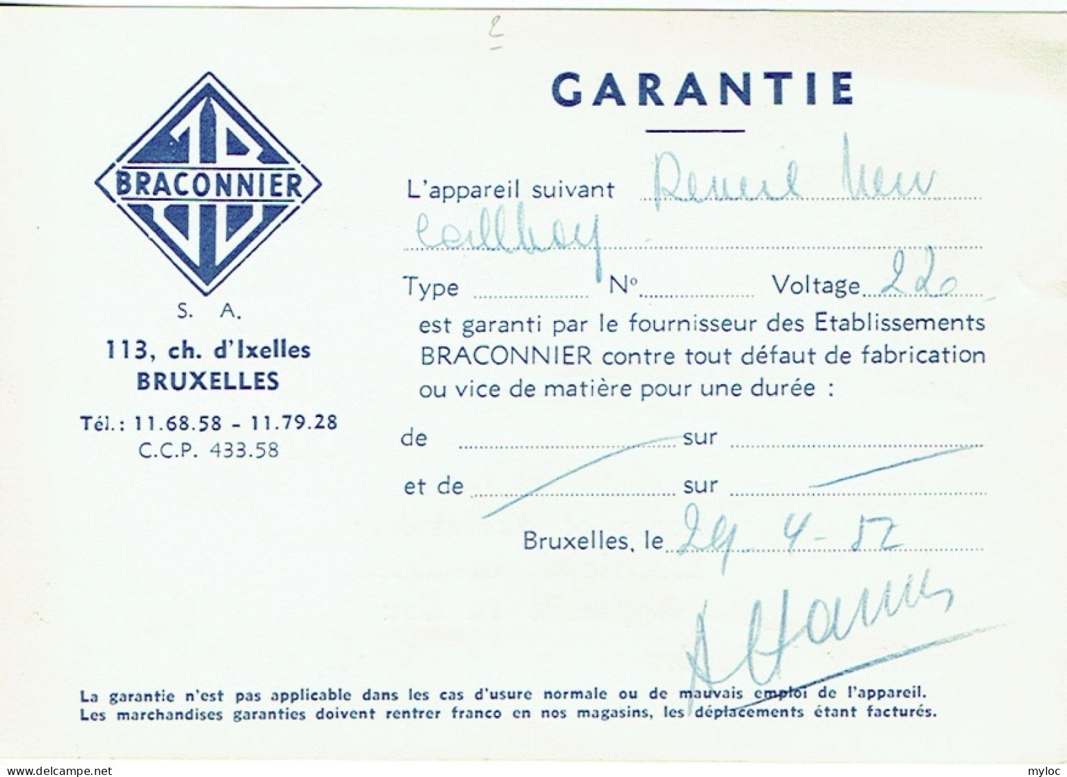 Ets. Braconnier, Bruxelles. Garantie Réveil. Publicité. - 1950 - ...