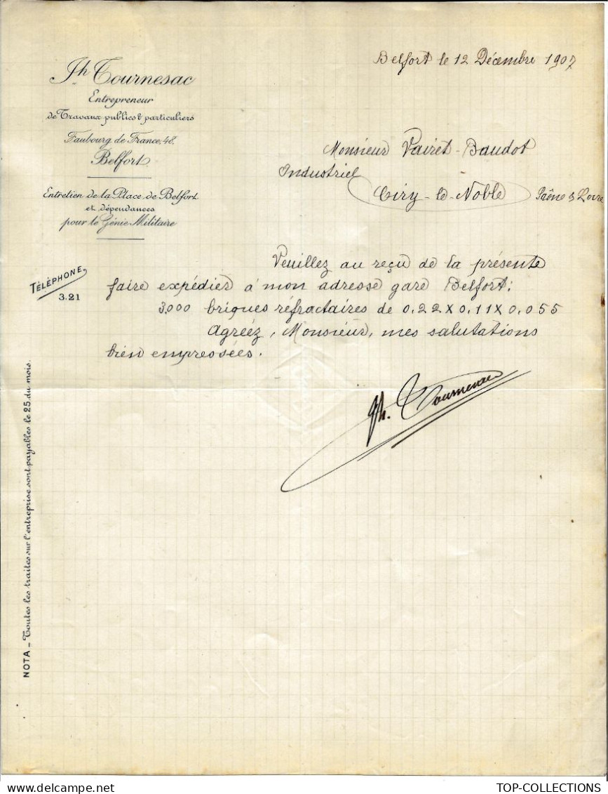 1907    ENTETE Tournesac Entrepreneur Travaux Publics Belfort => Vairet Baudot Briqueterie Devenue Musée Ciry Le Noble - 1900 – 1949