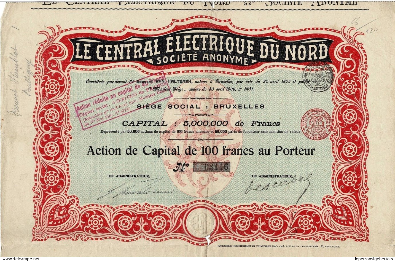 - Titre De 1905 - Le Central Electrique Du Nord Société Anonyme - N° 03116 - Electricité & Gaz