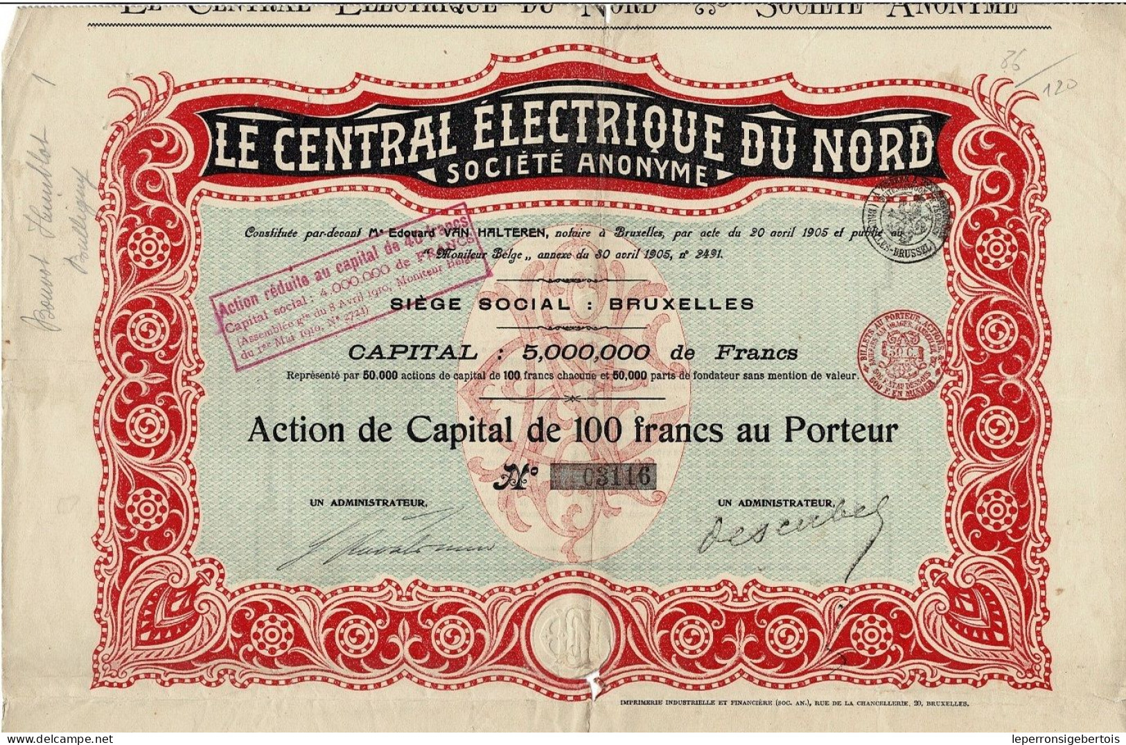 - Titre De 1905 - Le Central Electrique Du Nord Société Anonyme - N° 03116 - Elektrizität & Gas