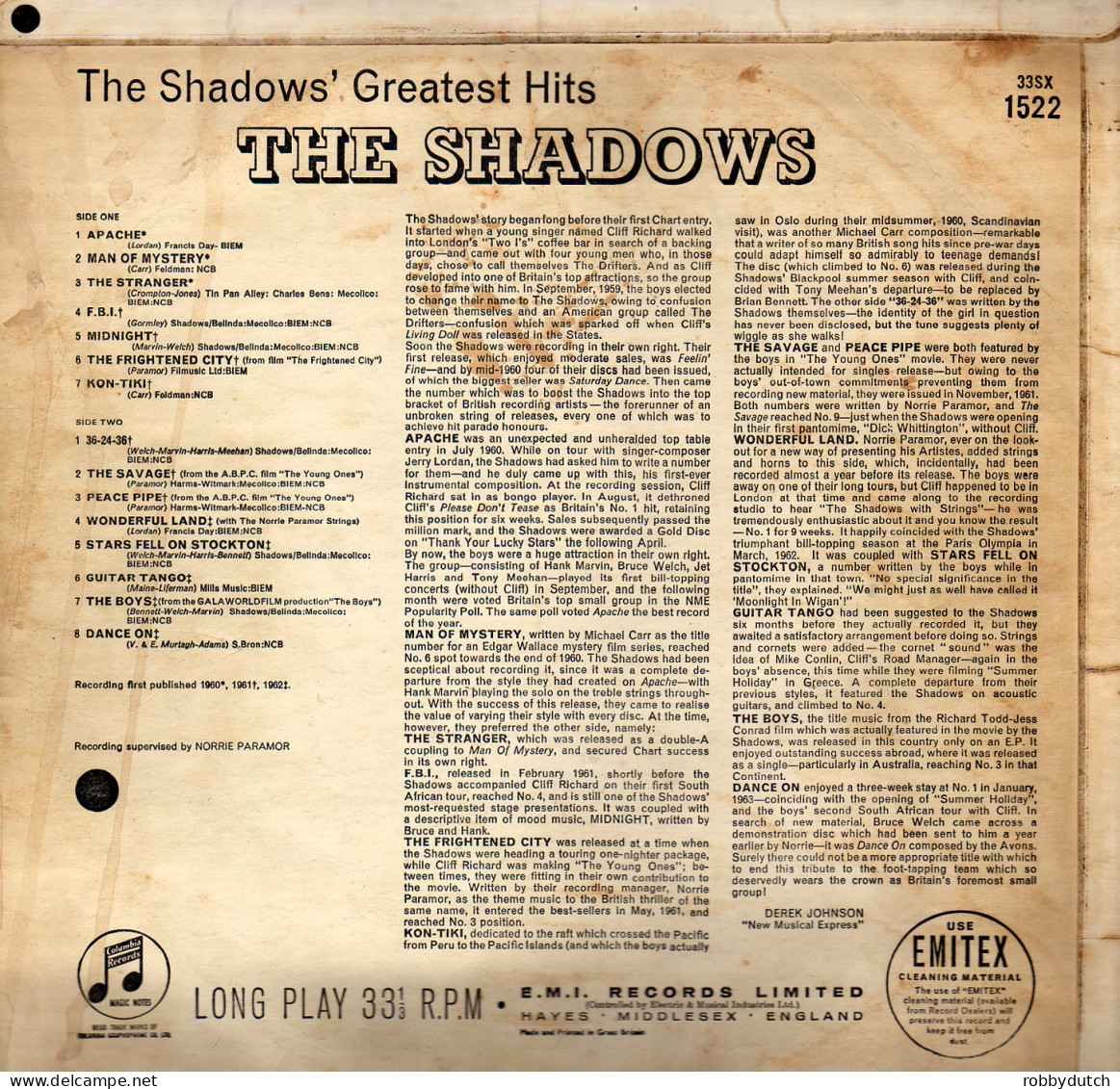 * LP *  THE SHADOWS'  GREATEST HITS (England 1962) - Instrumental