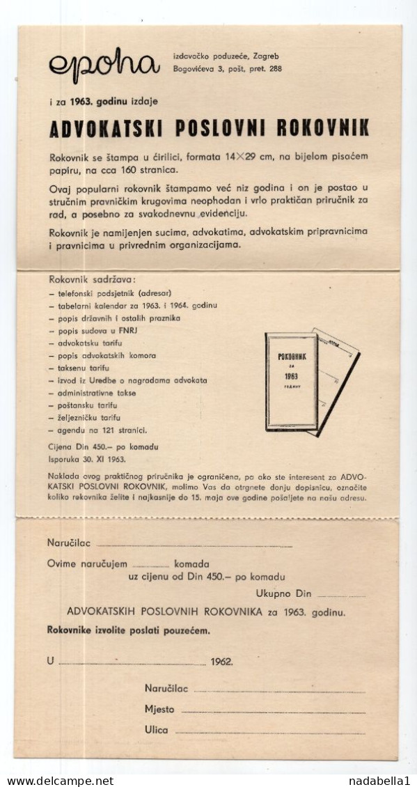 1962. YUGOSLAVIA,CROATIA,EPOHA,LAWYERS DIARY,AGENDA,POSTAGE DUE,RED CROSS,CORRESPONDENCE CARD USED FROM SENTA - Impuestos