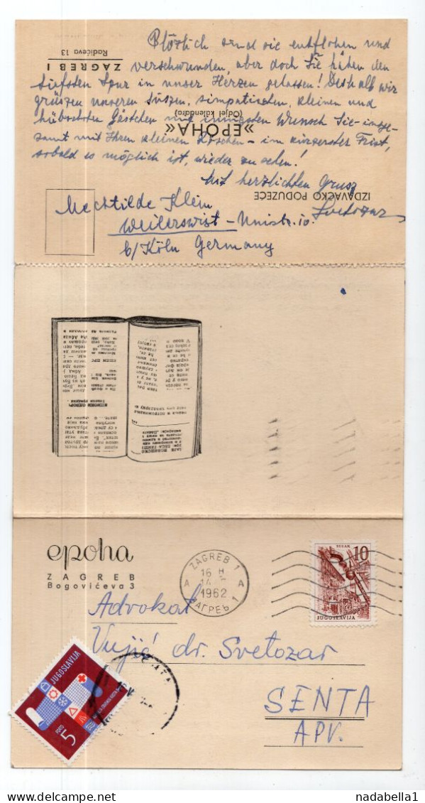 1962. YUGOSLAVIA,CROATIA,EPOHA,LAWYERS DIARY,AGENDA,POSTAGE DUE,RED CROSS,CORRESPONDENCE CARD USED FROM SENTA - Segnatasse