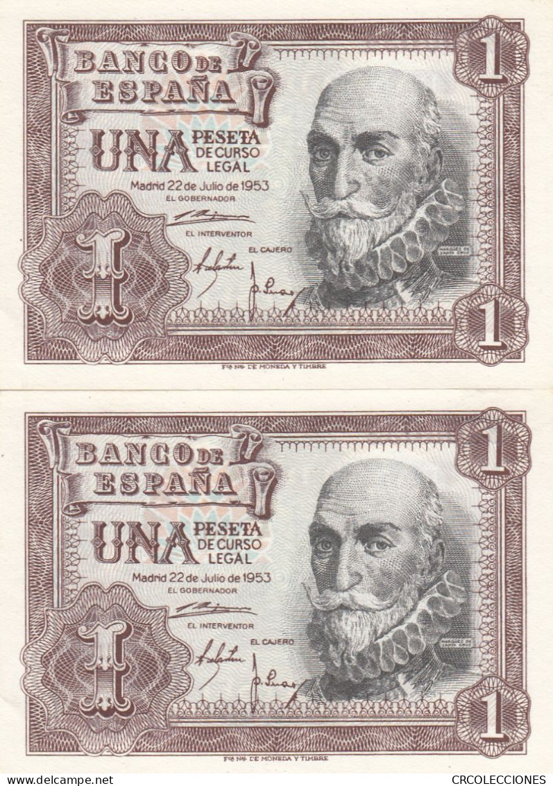 CRBS0803 PAREJA CORRELATIVA BILLETES 1 PESETA 1953 SIN SERIE SIN CIRCULAR - 1-2 Pesetas