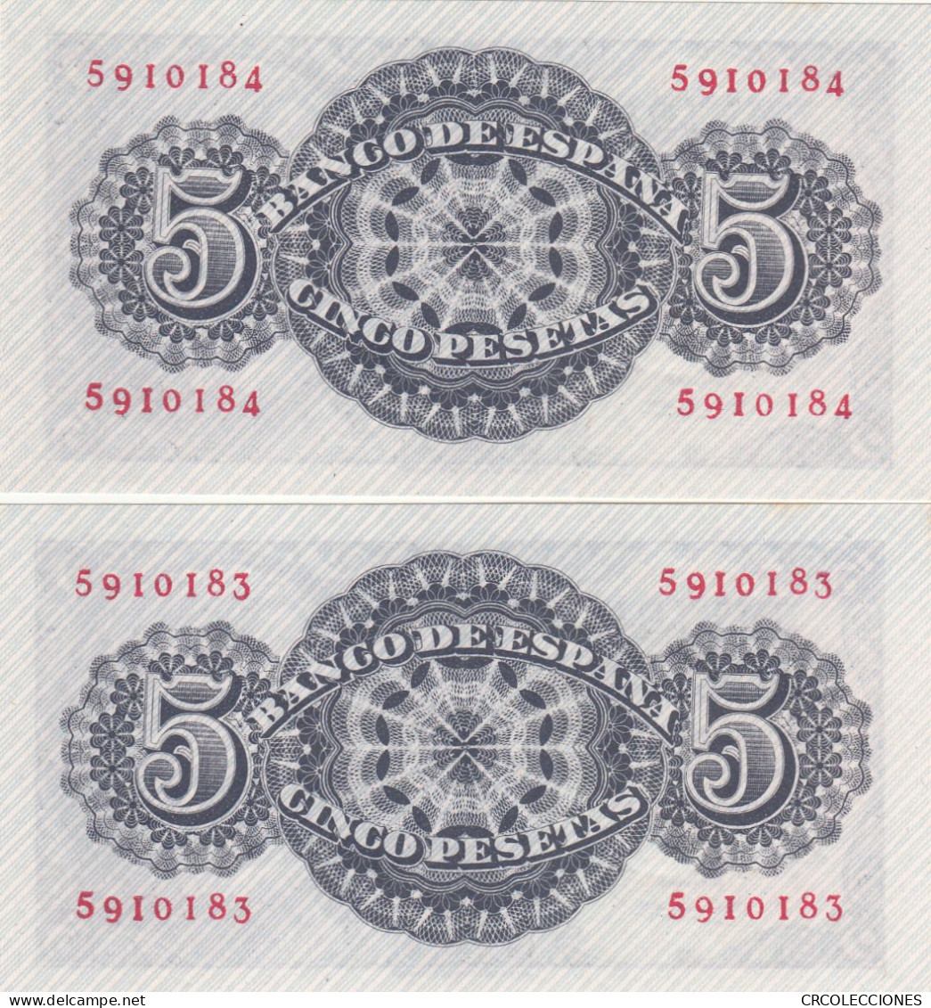 CRBS0805 PAREJA CORRELATIVA BILLETES ESPAÑA 5 PESETAS 1947 SIN SERIE SIN CIRCULAR - 5 Peseten