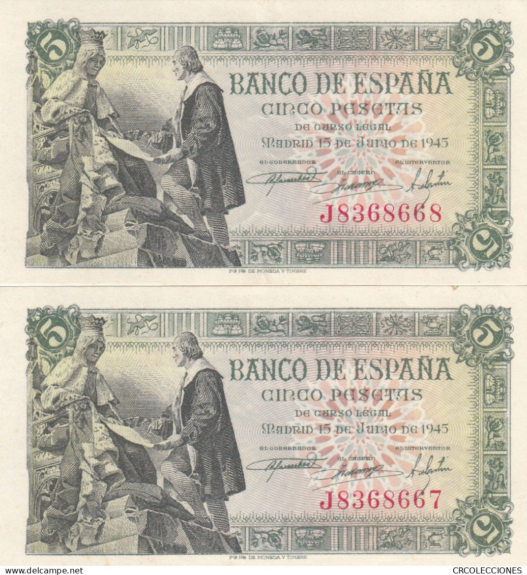 CRBS0806 PAREJA CORRELATIVA BILLETES ESPAÑA 5 PESETAS 1945 EBC-SIN CIRCULAR - 5 Peseten