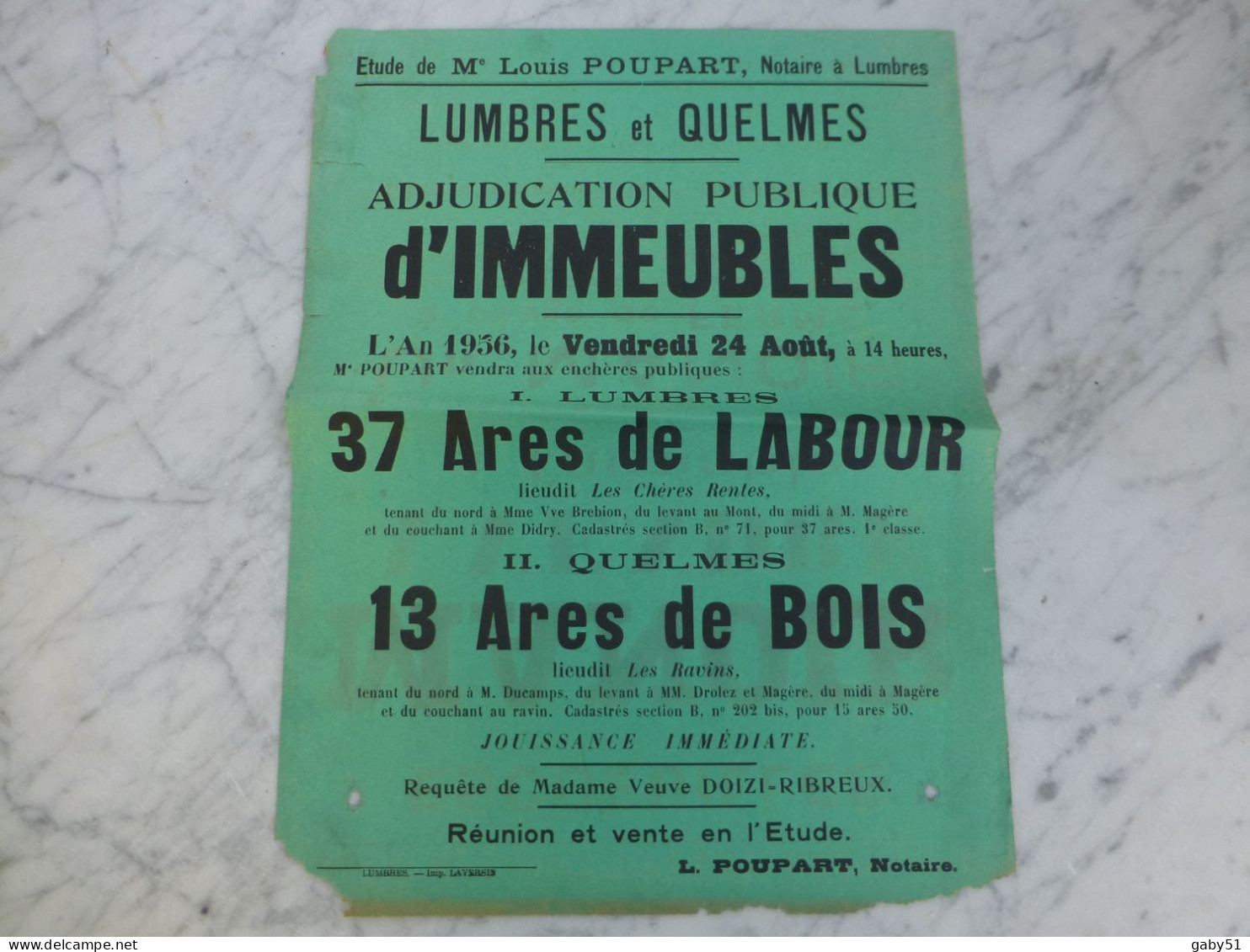 62 Escoeuilles 1956 Vente Manoir  Et Lumbres Quelmes Immeubles Affiche Ancienne ORIGINALE, Ref 2038 ; A 31 - Afiches