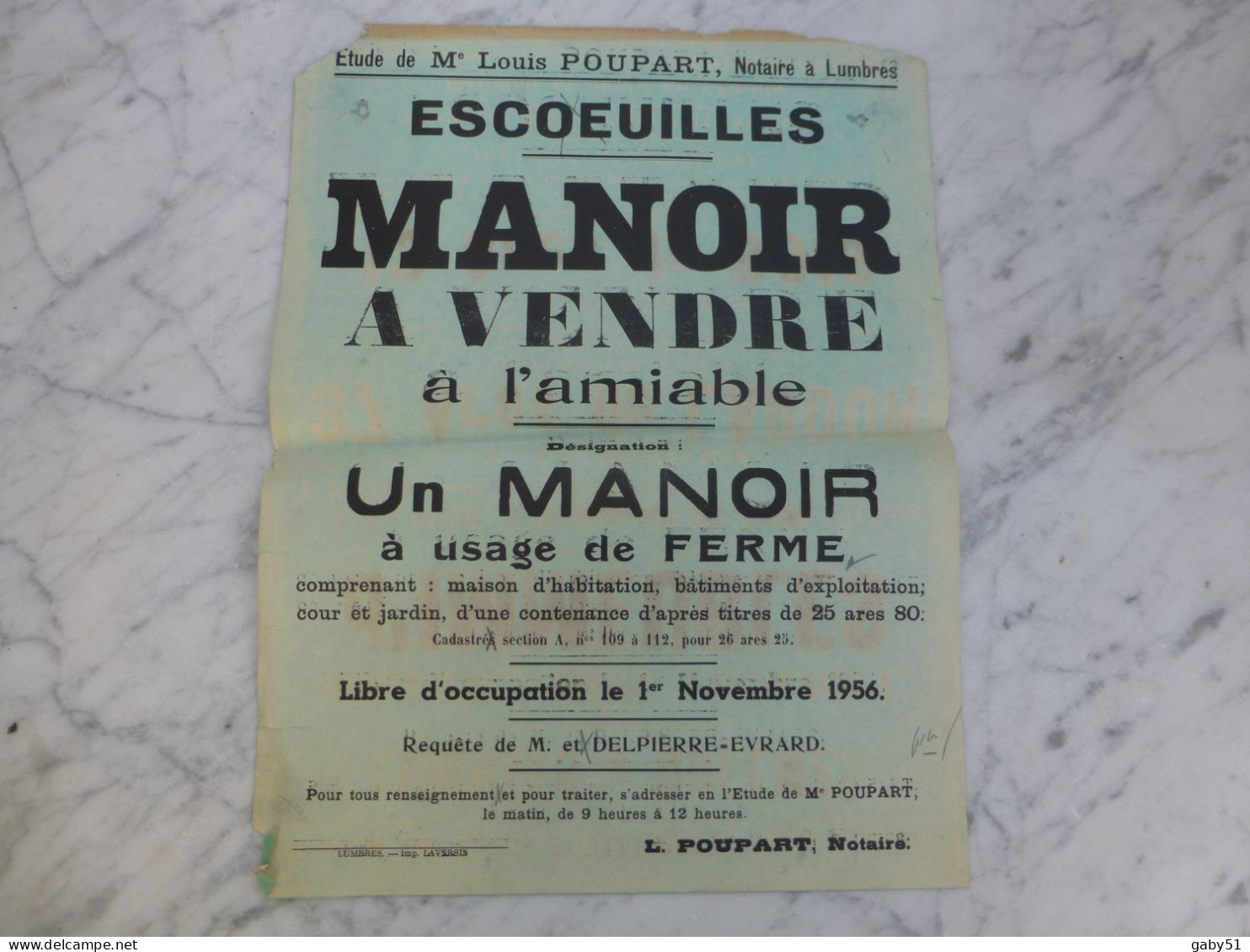 62 Escoeuilles 1956 Vente Manoir  Et Lumbres Quelmes Immeubles Affiche Ancienne ORIGINALE, Ref 2038 ; A 31 - Afiches