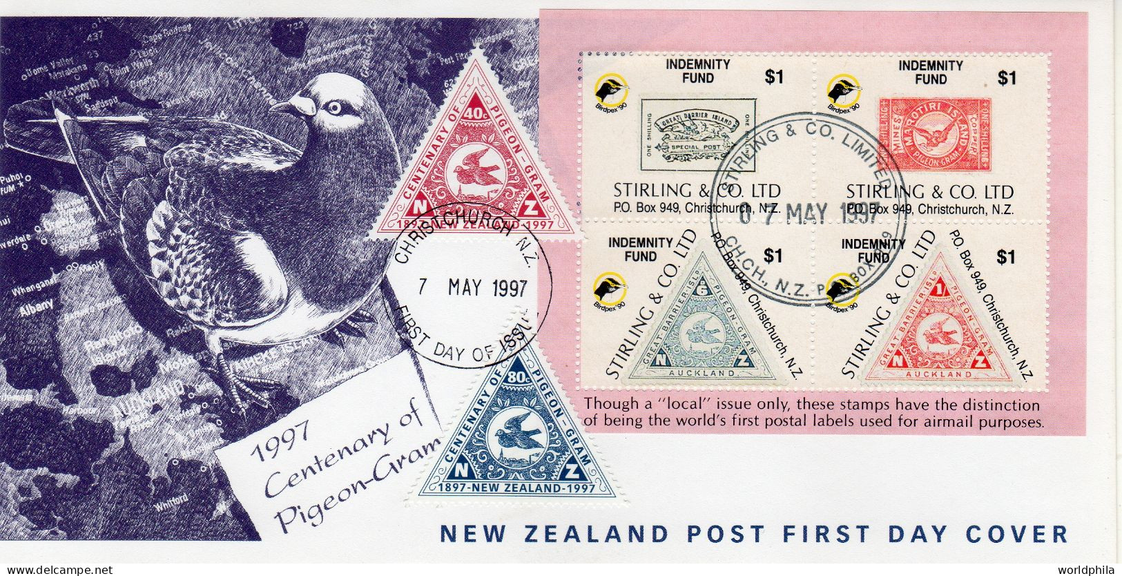 New Zealand 1997 Pigeon-Gram Centenary, Including A Souvenir Sheet, First Day Cover - FDC