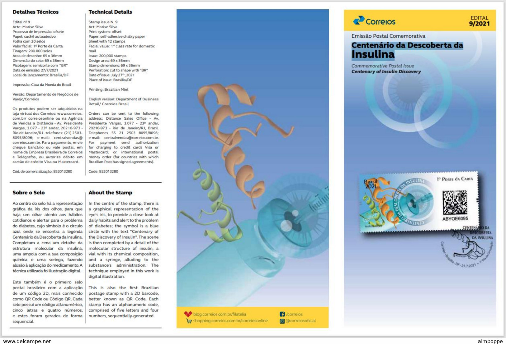 Ref. BR-V2021-09+E BRAZIL 2021 HEALTH, CENT.OF INSULIN DISCOVERY, , DIABETES, MEDICAL, MNH + BROCHURE 1V - Drogen