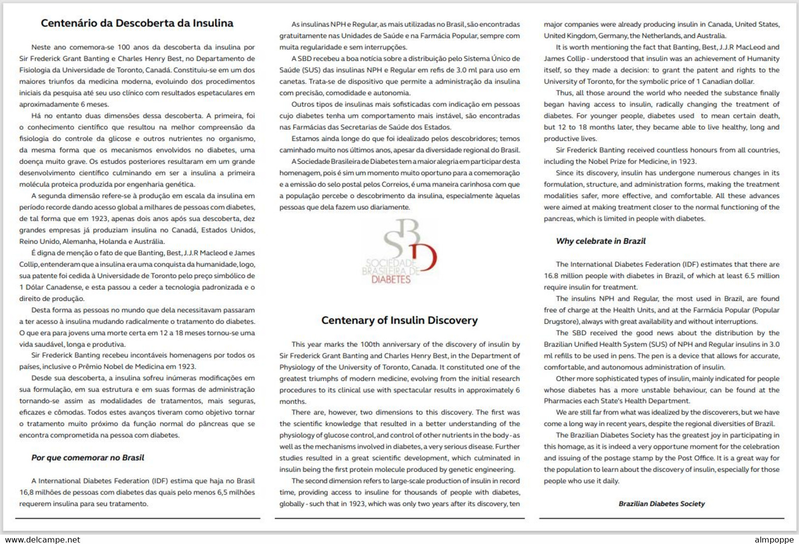 Ref. BR-V2021-09+E BRAZIL 2021 HEALTH, CENT.OF INSULIN DISCOVERY, , DIABETES, MEDICAL, MNH + BROCHURE 1V - Drogen