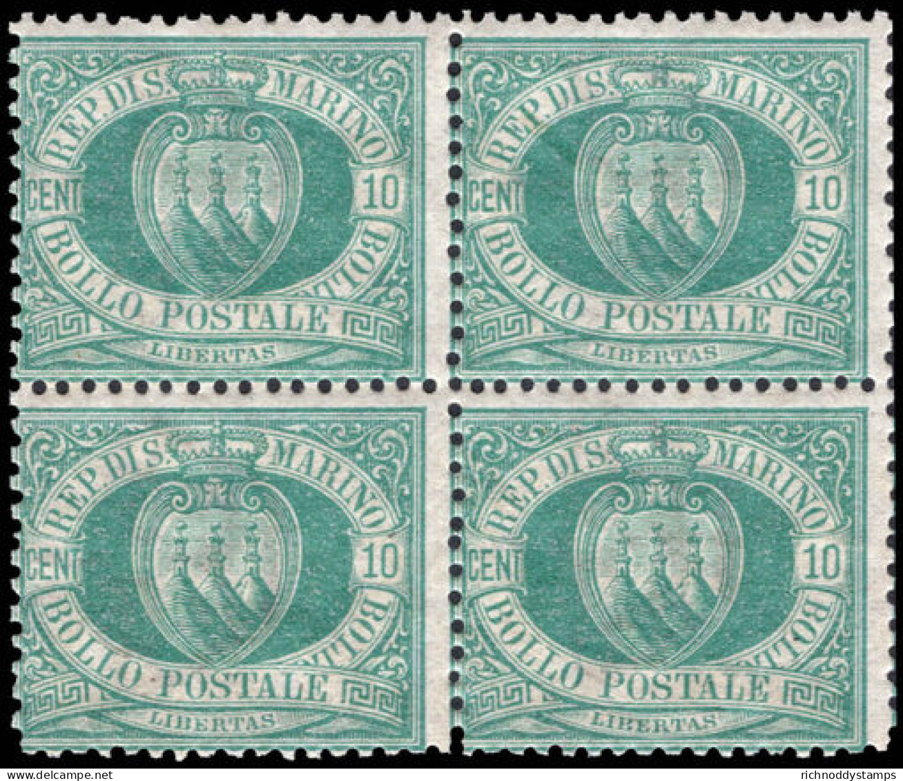 San Marino 1892-94 10c Blue-green Block Of 4 Unmounted Mint. - Neufs