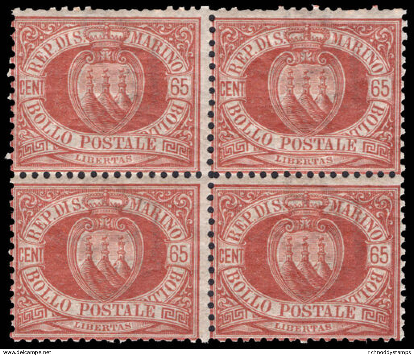 San Marino 1892-94 65c Chestnut Block Of 4 Unmounted Mint. - Neufs