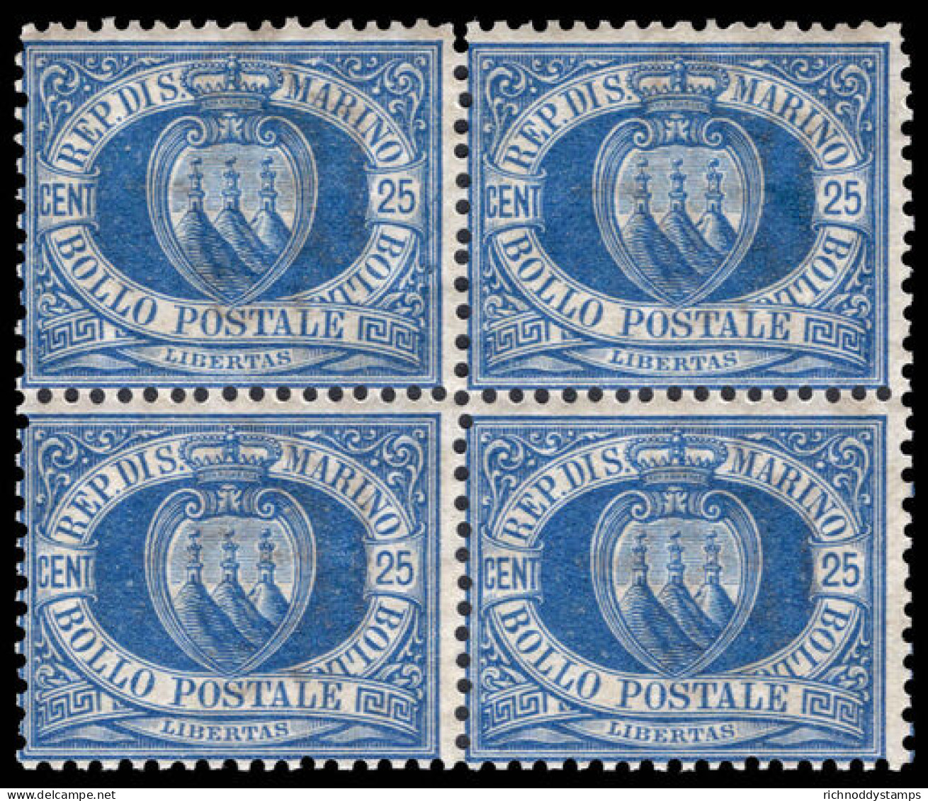 San Marino 1894-97 25c Blue Block Of 4 Unmounted Mint. - Unused Stamps