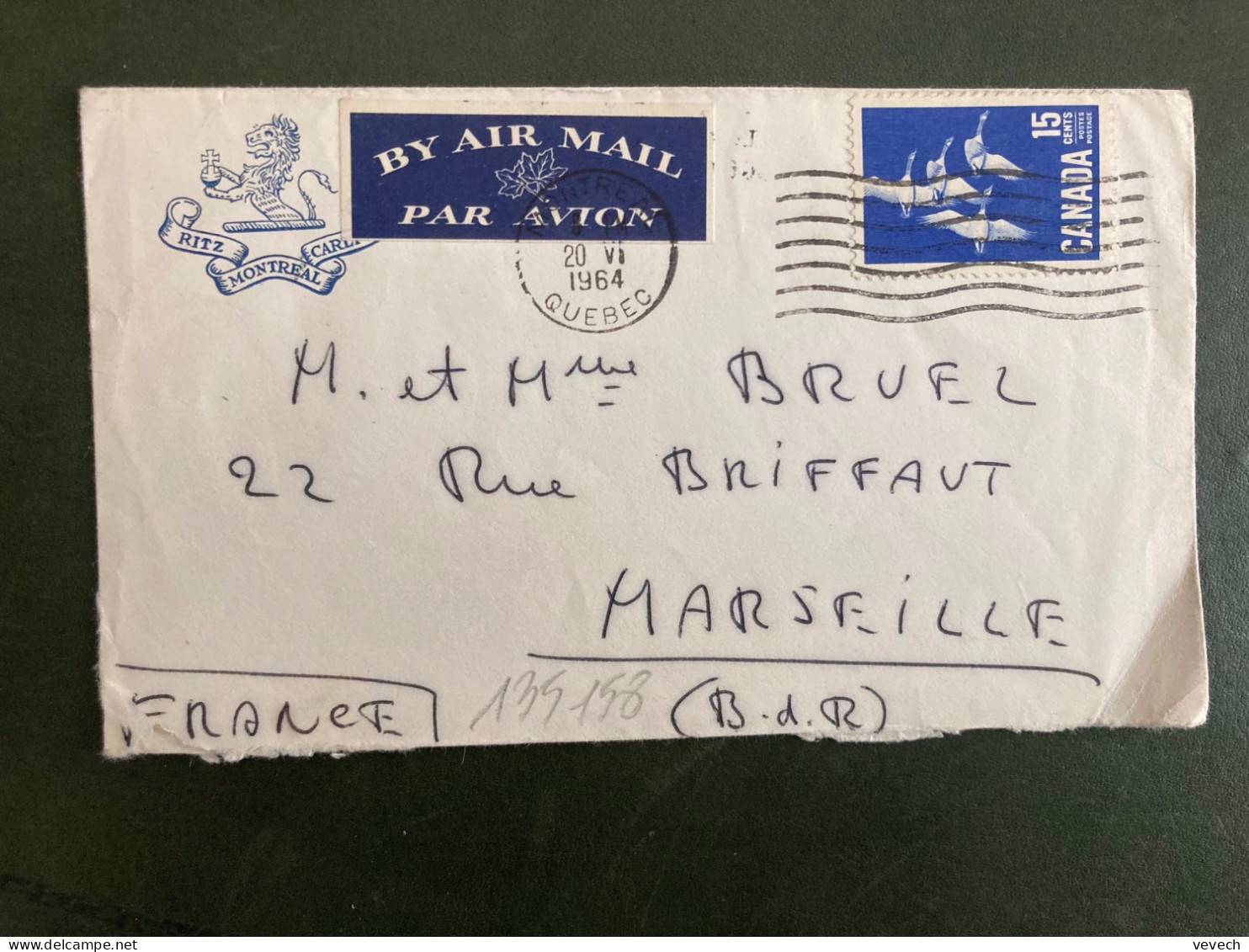 LETTRE Par Avion Pour FRANCE TP OISEAUX 15c OBL.MEC.20 VI 1964 MONTREAL + RITZ MONTREAL - Lettres & Documents