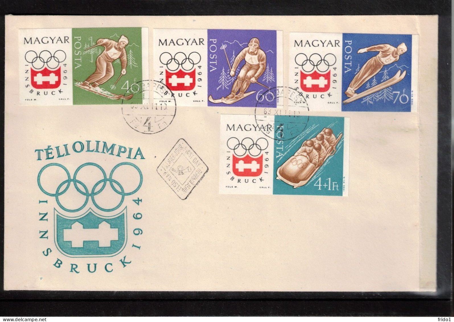 Hungary 1964 Olympic Games Innsbruck - Imperforated Stamps Skiing,Ski Jumping,Bobsleigh FDC - Inverno1964: Innsbruck