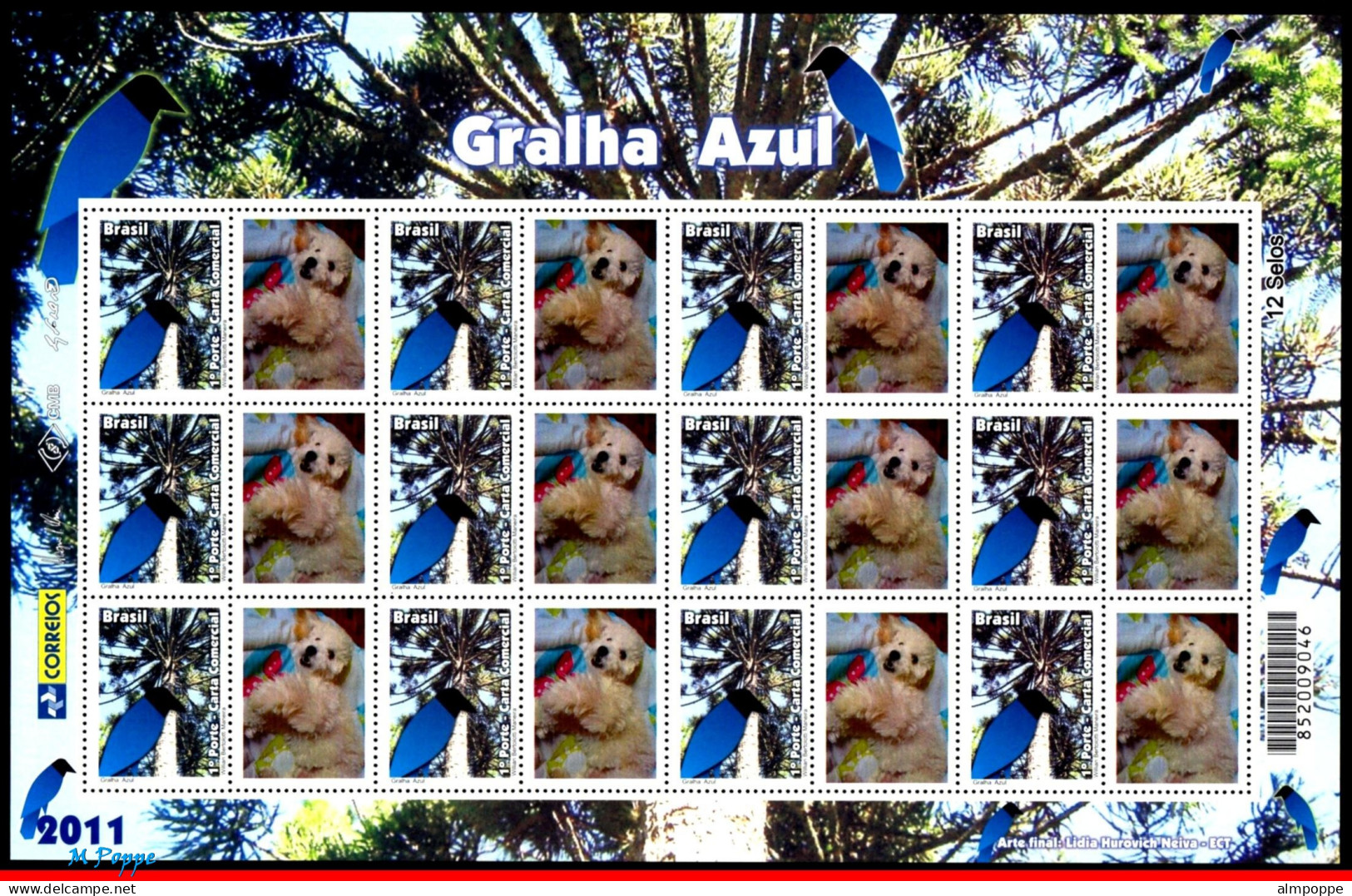 Ref. BR-3204-1FO BRAZIL 2011 - BLUE JACKDAW,BIRDS, DOG, SHEET PERSONALIZED MNH, ANIMALS, FAUNA 12V Sc# 3204 - Personalisiert