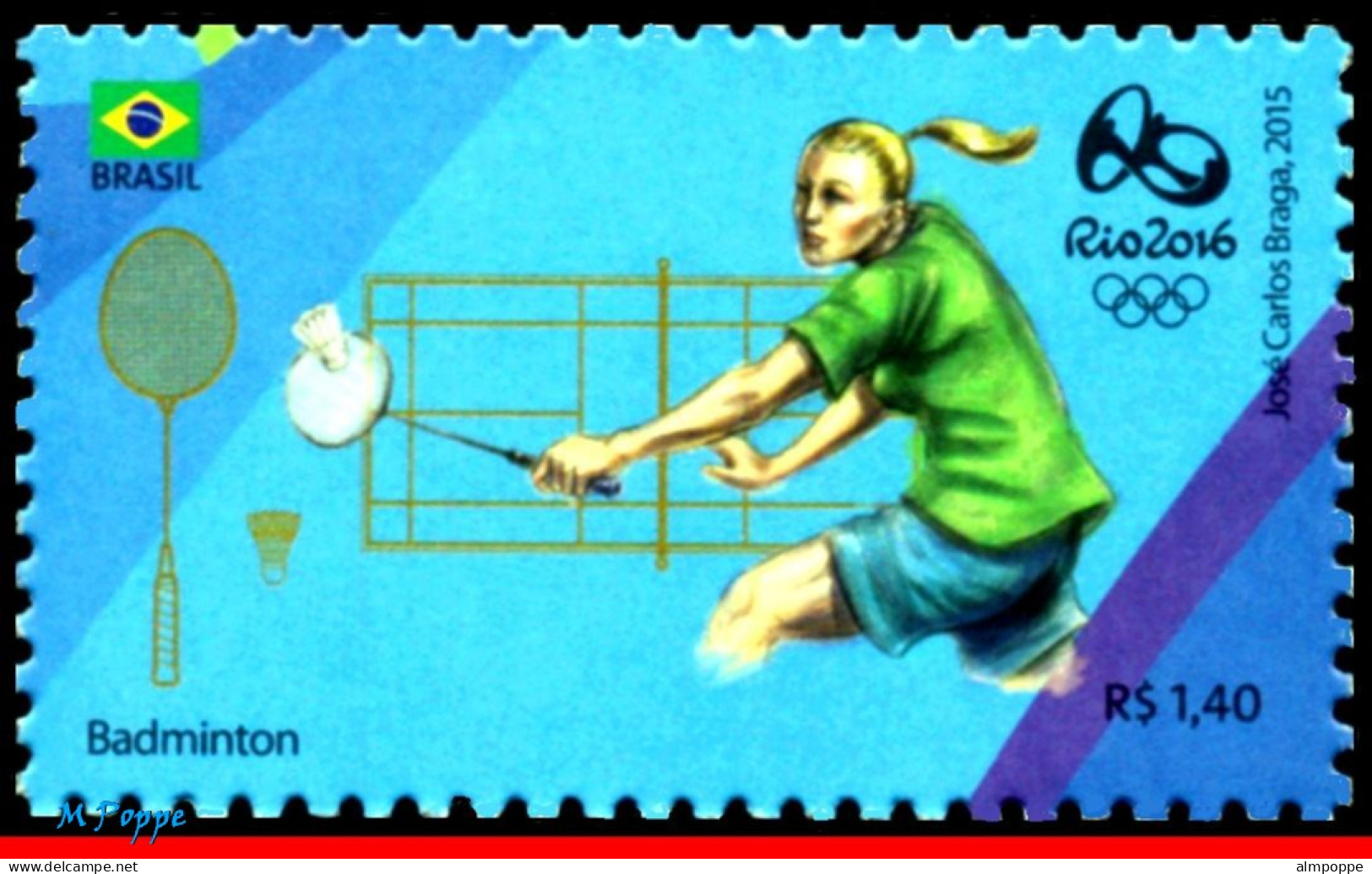 Ref. BR-3318T BRAZIL 2015 - OLYMPIC GAMES, RIO 2016,BADMINTON, STAMP OF 4TH SHEET, MNH, SPORTS 1V Sc# 3318T - Bádminton