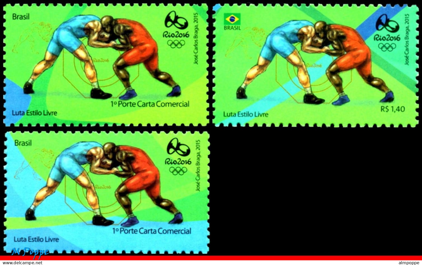 Ref. BR-OLYM-E10 BRAZIL 2015 - OLYMPIC GAMES, RIO 2016,WRESTLING, STAMPS OF 1ST & 4TH SHEET,MNN, SPORTS 3V - Wrestling